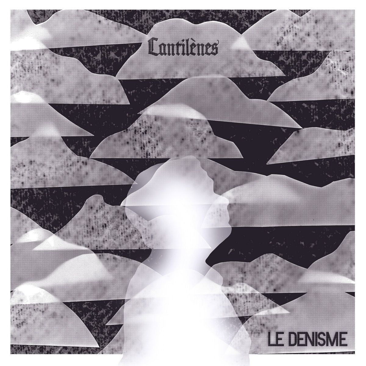 Une silhouette fantomatique regardant vers le haut sur un fond de nuages plats très texturés blanc, gris et noirs. Autour de la pochette on trouve un cadre blanc. Au centre en haut, on trouve le titre de l'album Cantilènes écrit en police gothique et en bas à droite on trouve le nom de l'artiste LE DENISME
