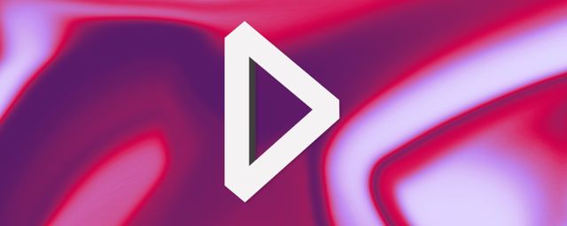 Une lettre D grise stylisée qui flotte devant un magma de tons rouges et violets