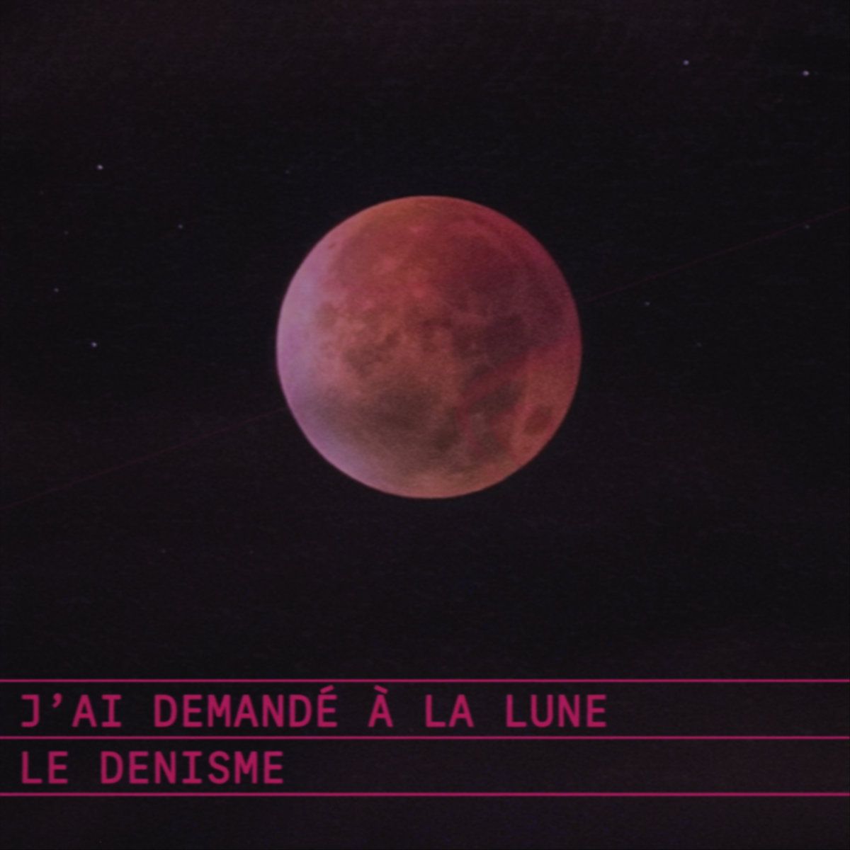 Une lune rouge au centre d'un ciel de nuit dégagé et étoilé. Elle est traversée par une très discrète diagonale de couleur rouge rubis/cramoisi. Sur un cartouche composé de deux lignes horizontales, on trouve en caractère monospace le titre de la chanson J'AI DEMANDÉ À LA LUNE et en dessous le nom de l'artiste LE DENISME, toujours dans les mêmes nuances de rouge.